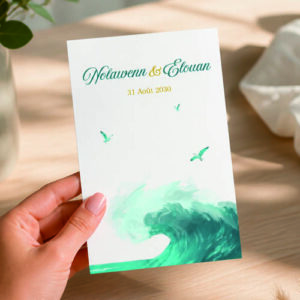 faire-part mer ocean- menu marque-places plan de table et affiche de bienvenue assortis