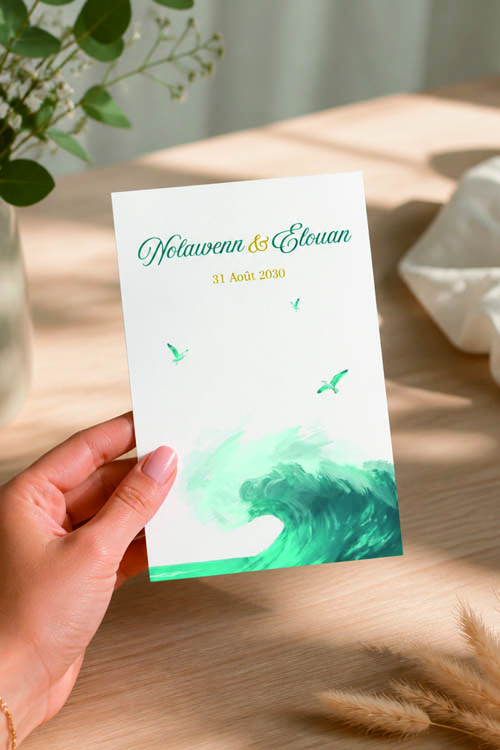 faire-part mer ocean- menu marque-places plan de table et affiche de bienvenue assortis