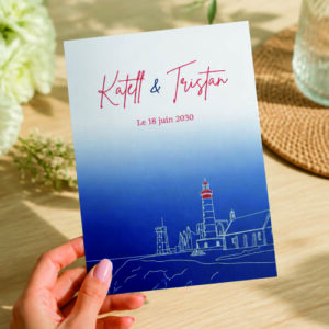 Faire-part et papeterie de mariage Collection Phare Saint-Mathieu trait blanc personnalisable sur Canva