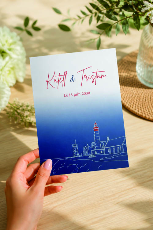 Faire-part et papeterie de mariage Collection Phare Saint-Mathieu trait blanc personnalisable sur Canva