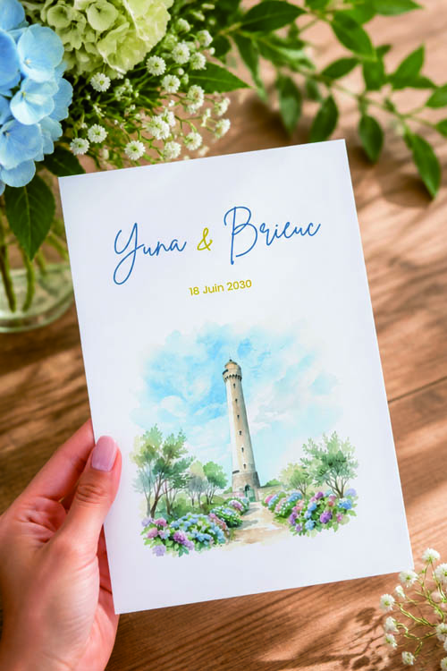 Faire-part et papeterie de mariage Collection Phare de Trézien personnalisable sur Canva