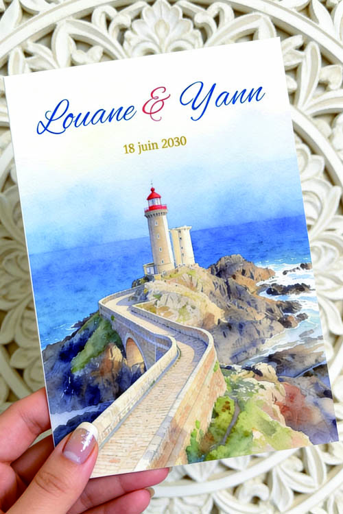 Faire-part et papeterie de mariage Collection Phare du Petit Minou Aquarelle personnalisable sur Canva