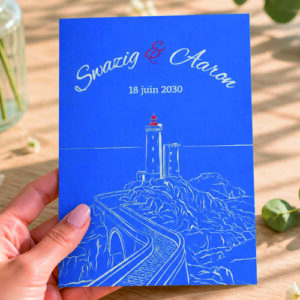 Faire-part et papeterie de mariage Collection Phare du Petit Minou trait fin personnalisable sur Canva