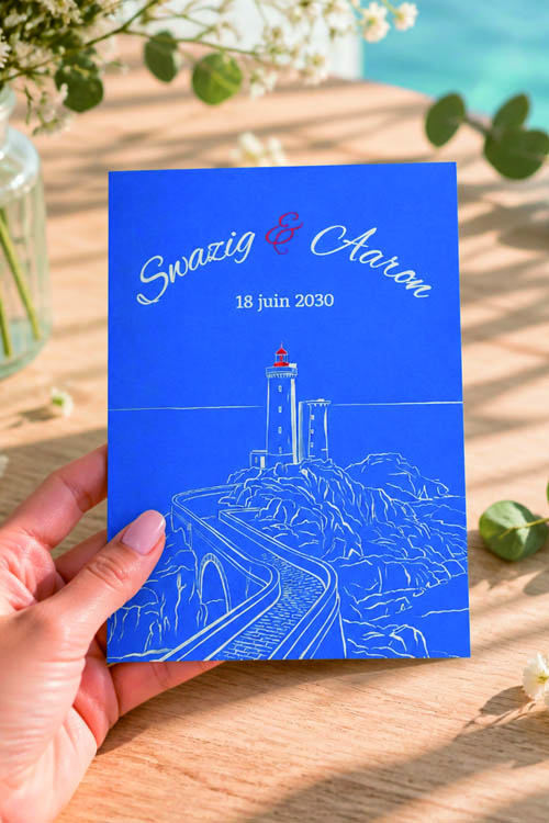 Faire-part et papeterie de mariage Collection Phare du Petit Minou trait fin personnalisable sur Canva