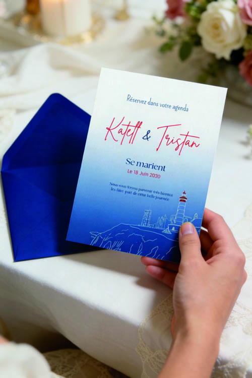 Save the Date gratuit Phare Saint Mathieu personnalisable sur Canva